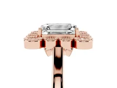 Emerald Cut Diamond Cluster Halo Ring Set in Rose gold with Milgrain Bezel Accents and Plain Band