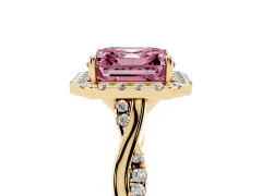 Fancy Pink Asscher Cut Diamond Halo Twist Band Solitaire Ring Set in Yellow gold with Prong Setting