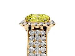 Fancy Yellow Radiant Cut Diamond Halo Ring Set in Yellow gold with Pavé Band and Raised Center Setting