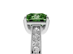 Fancy Green Princess Cut Diamond Solitaire Ring Set in White gold with Milgrain-Edged Pavé Band and Prong Setting