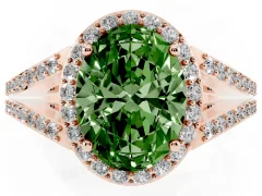 Fancy Green Oval Cut Diamond Halo Split Shank Pavé Ring Set in Rose gold with Prong Setting