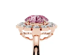 Fancy Pink Round Cut Diamond Halo Cluster Engagement Ring Set in Rose gold with Solitaire Band and Prong Setting