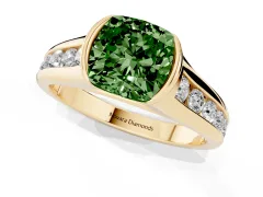 Fancy Green Cushion Cut Diamond Bezel-Set Solitaire Ring Set in Yellow gold with Channel-Set Band