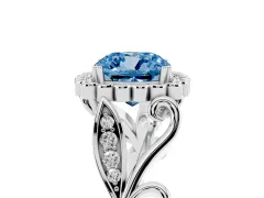 Fancy Blue Cushion Cut Diamond Halo Ring Set in Silver with Leaf Motif Split Shank and Prong Setting