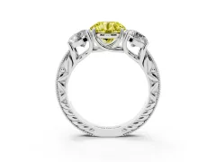 Fancy Yellow Round Cut Diamond Three-Stone Engagement Ring Set in Silver with Milgrain Pavé Band