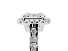 Emerald Cut Diamond Halo Engagement Ring Set in Platinum with Pavé Band and Prong-Set Center