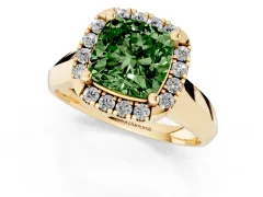 Fancy Green Cushion Cut Diamond Halo Solitaire Engagement Ring Set in Yellow gold with Square Band and Prong Setting