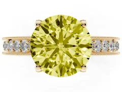 Fancy Yellow Round Cut Diamond Solitaire Ring Set in Yellow gold with Milgrain-Edged Pavé Band and Prong Setting