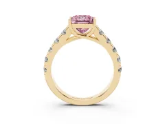 Fancy Pink Princess Cut Diamond Solitaire Ring Set in Yellow gold with Cut-Down Micro Pavé Band and Prong Setting