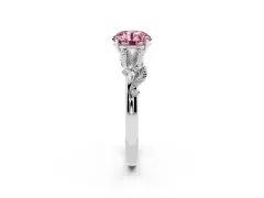 Fancy Pink Round Cut Diamond Solitaire Ring Set in Silver with Leaf Motif Band
