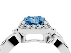 Fancy Blue Radiant Cut Diamond Halo Floral Band Ring Set in Silver with Prong Setting