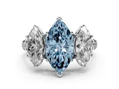 Fancy Blue Marquise Cut Diamond Three-Stone Ring Set in Silver with Pavé Band