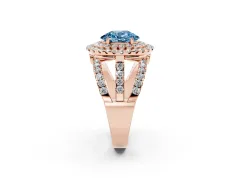 Fancy Blue Oval Cut Diamond Double Halo Ring Set in Rose gold with Round Pavé Split Shank
