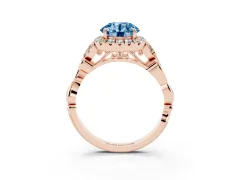 Fancy Blue Round Cut Diamond Halo Engagement Ring Set in Rose gold with Vintage-Inspired Band and Prong Setting