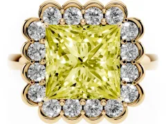 Fancy Yellow Princess Cut Diamond Halo Cluster Engagement Ring Set in Yellow gold with Solitaire Band and Prong Setting