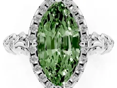 Fancy Green Marquise Cut Diamond Halo Ring Set in Platinum with Filigree Leaf Band and Prong Setting