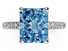 Fancy Blue Radiant Cut Diamond Solitaire Ring Set in Silver with Brilliant Pavé Band and Prong Setting