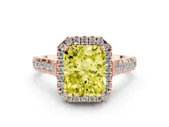Fancy Yellow Radiant Cut Diamond Halo Engagement Ring Set in Rose gold with Pavé Band and Prong-Set Center