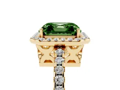 Fancy Green Asscher Cut Diamond Halo Ring Set in Yellow gold with Pavé Shoulders and Halo-Framed Center