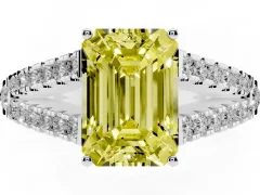Fancy Yellow Emerald Cut Diamond Split Shank Pavé Engagement Ring Set in White gold with Prong-Held Center Stone