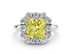 Fancy Yellow Princess Cut Diamond Milgrain Halo Solitaire Ring Set in Platinum with Bezel Set Side Stones and Pavé Band