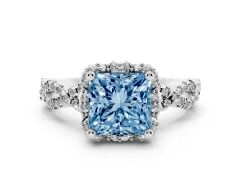 Fancy Blue Princess Cut Diamond Halo Twist Band Solitaire Ring Set in Silver with Prong-Set Center Stone
