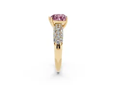 Fancy Pink Heart Cut Diamond Pavé Band Solitaire Ring Set in Yellow gold with Close-Set Accent Stones and Prong Setting