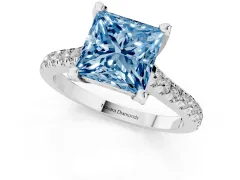 Fancy Blue Princess Cut Diamond Solitaire Ring Set in Platinum with Brilliant Pavé Band and Prong Setting