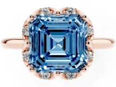 Fancy Blue Asscher Cut Diamond Round Cluster Halo Ring Set in Rose gold with Solitaire Band and Prong Setting