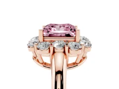 Fancy Pink Princess Cut Diamond Milgrain Halo Solitaire Ring Set in Rose gold with Bezel Set Side Stones and Pavé Band