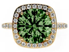 Fancy Green Round Cut Diamond Halo Engagement Ring Set in Yellow gold with Round Pavé Shoulders and Heart Gallery