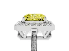 Fancy Yellow Radiant Cut Diamond Halo Ring Set in Platinum with Accent-Lined Split Shank and Prong Setting
