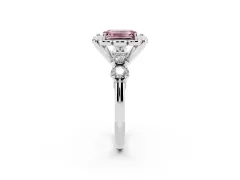 Fancy Pink Emerald Cut Diamond Floral Halo Ring Set in White gold with Shared Prong Band