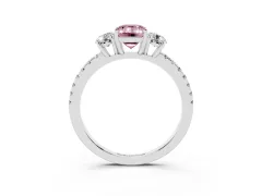 Fancy Pink Emerald Cut Diamond Three-Stone Ring Set in White gold with Pavé Band and Graduated Sides