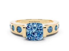 Fancy Blue Cushion Cut Diamond Channel-Set Band Ring Set in Yellow gold with Bezel Prong Setting