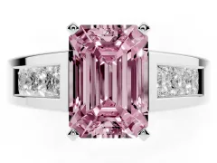 Fancy Pink Emerald Cut Diamond Solitaire Ring Set in Silver with Channel-Set Accent Stones and Prong Setting