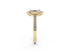 Emerald Cut Diamond Halo Ring Set in Yellow gold with Pavé-Lined Shoulders and Prong Setting