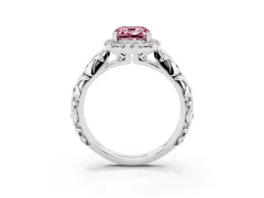 Fancy Pink Cushion Cut Diamond Halo Ring Set in White gold with Filigree Leaf Band and Prong Setting