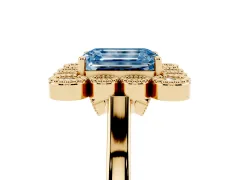 Fancy Blue Emerald Cut Diamond Cluster Halo Ring Set in Yellow gold with Milgrain Bezel Accents and Plain Band