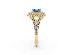 Fancy Blue Asscher Cut Diamond Double Halo Ring Set in Yellow gold with Pavé Split Shank and Prong Setting