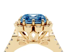 Fancy Blue Asscher Cut Diamond Floral Halo Split Shank Engagement Ring Set in Yellow gold with Pavé Shank