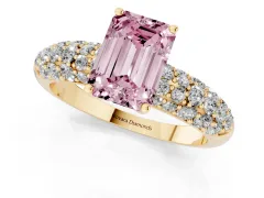 Fancy Pink Emerald Cut Diamond Pavé Band Solitaire Ring Set in Yellow gold with Close-Set Accent Stones and Prong Setting