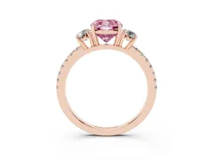 Fancy Pink Cushion Cut Diamond Three-Stone Ring Set in Rose gold with Pavé Band and Graduated Sides