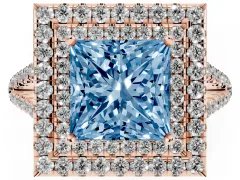 Fancy Blue Princess Cut Diamond Double Halo Ring Set in Rose gold with Pavé Band