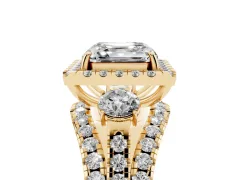 Asscher Cut Diamond Halo Split Shank Ring Set in Yellow gold with Round Accent Stones and Prong Setting