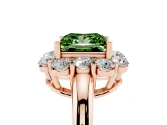 Fancy Green Princess Cut Diamond Milgrain Halo Solitaire Ring Set in Rose gold with Bezel Set Side Stones and Pavé Band