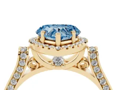 Fancy Blue Heart Cut Diamond Halo Ring Set in Yellow gold with Twist Band and Pavé Accents