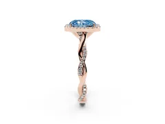 Fancy Blue Radiant Cut Diamond Halo Twist Band Solitaire Ring Set in Rose gold with Prong Setting