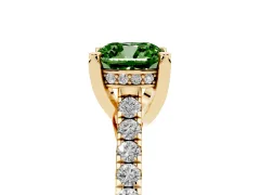 Fancy Green Cushion Cut Diamond Solitaire Ring Set in Yellow gold with Brilliant Pavé Band and Prong Setting