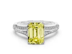 Fancy Yellow Emerald Cut Diamond Split Shank Pavé Engagement Ring Set in Platinum with Prong-Set Center Stone